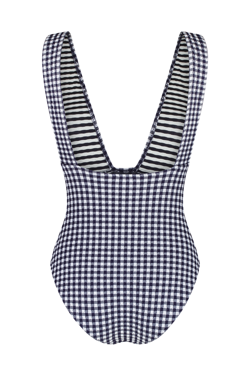 anja swimsuit one-piece le plongeant vichy navy behind
