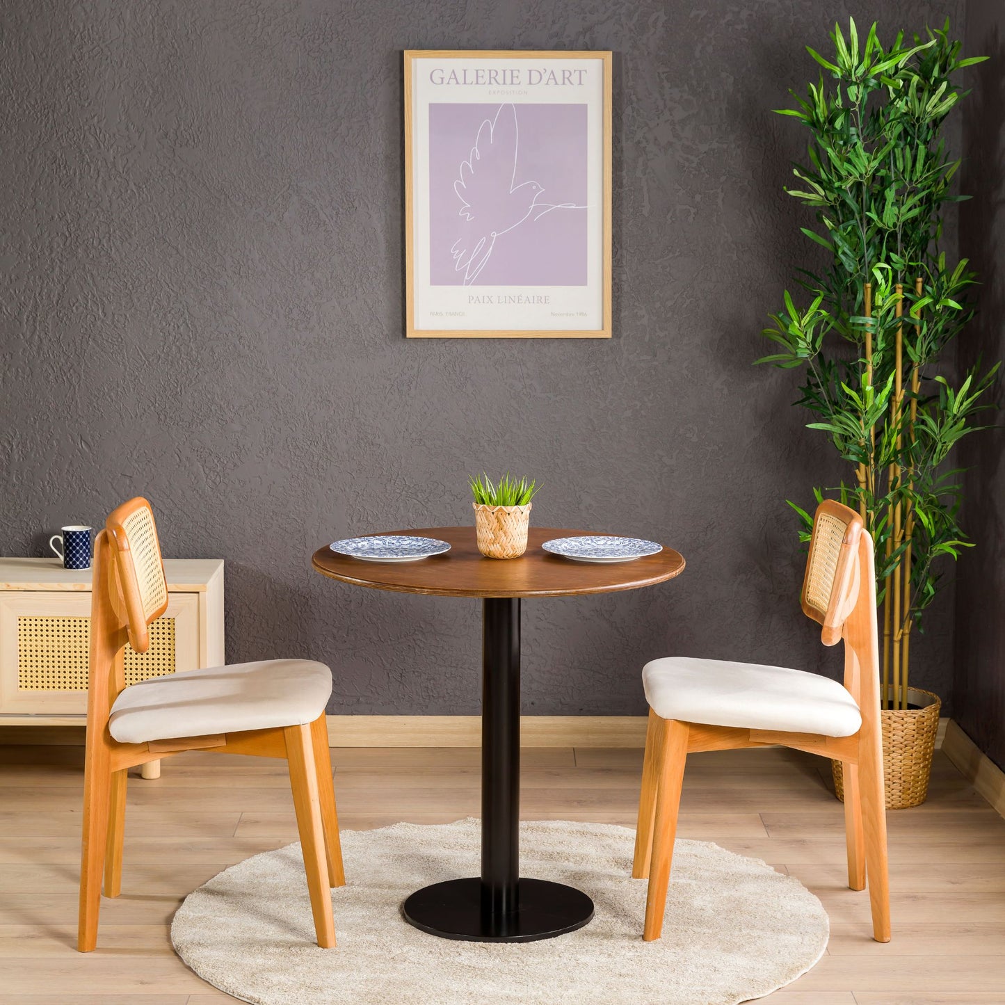 Birch Plywood Round Dining Table with Metal Tulip Leg