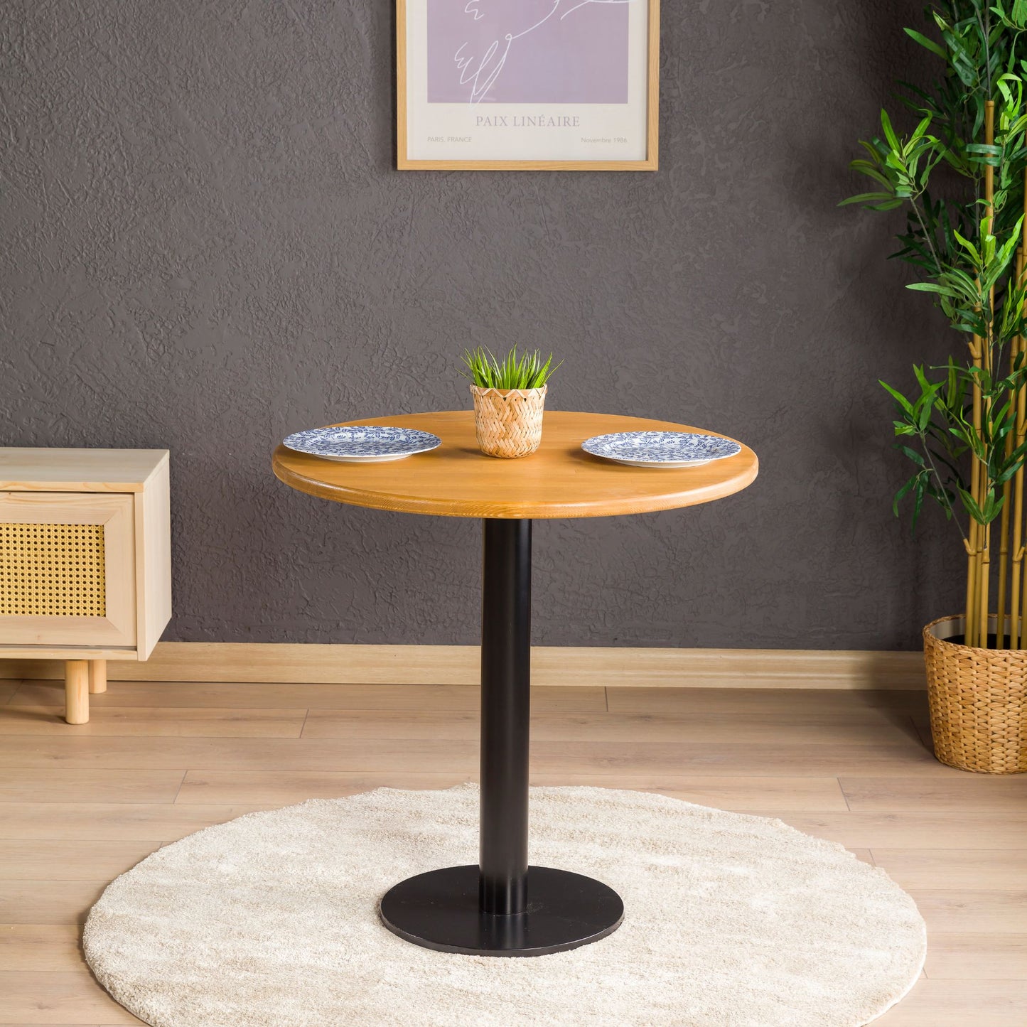 Solid Pine Wood Round Dining Table with Metal Tulip Leg
