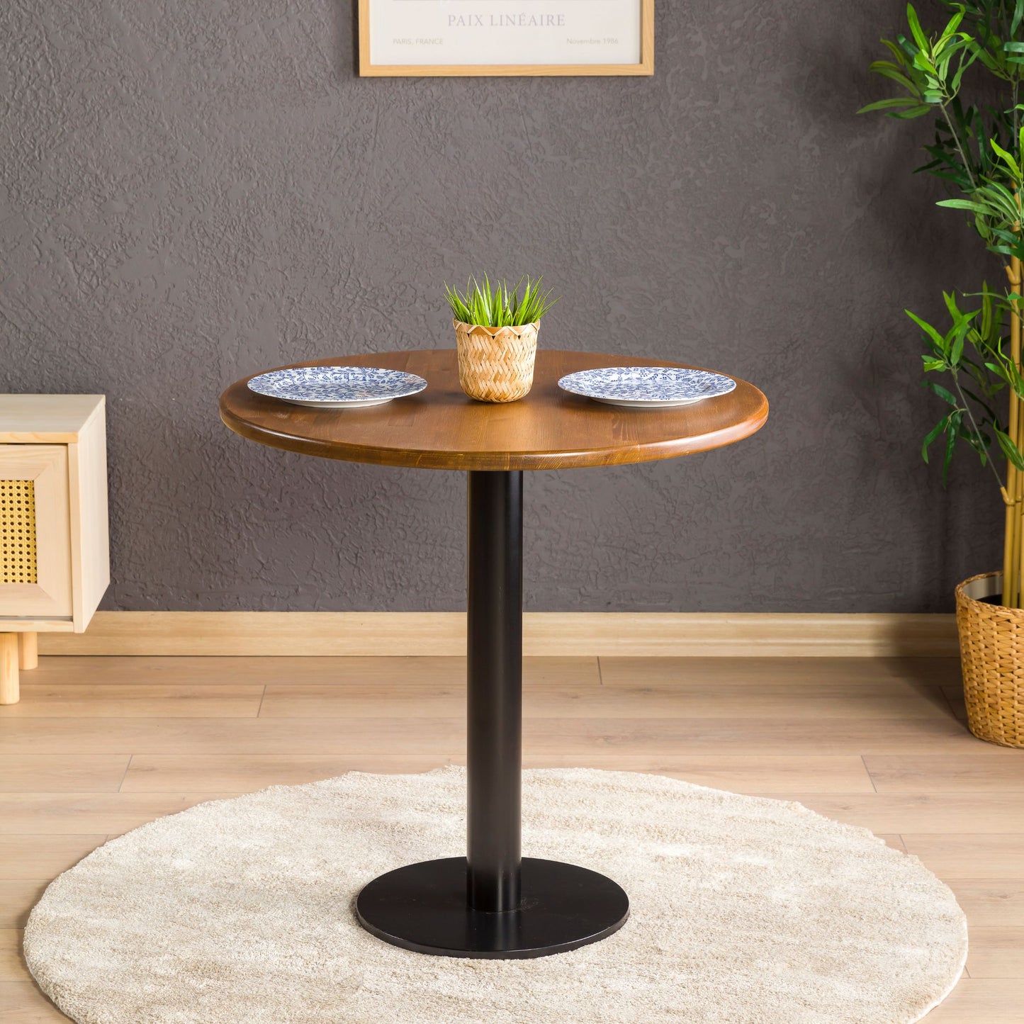 Solid Pine Wood Round Dining Table with Metal Tulip Leg