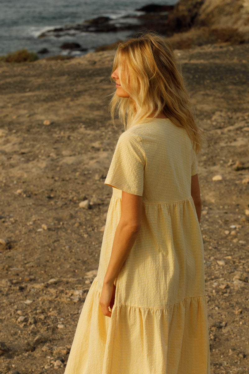 anja prêt à porter dress l'attachante vichy yellow background shoot