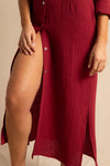 anja ready to wear dress l'essentielle bordeaux close up face