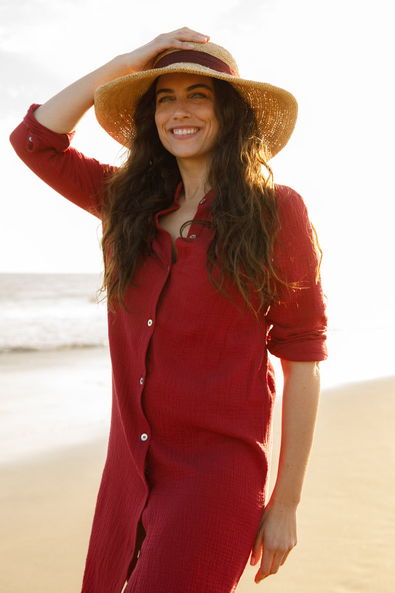 anja ready to wear l'essentielle burgundy dress photo shoot