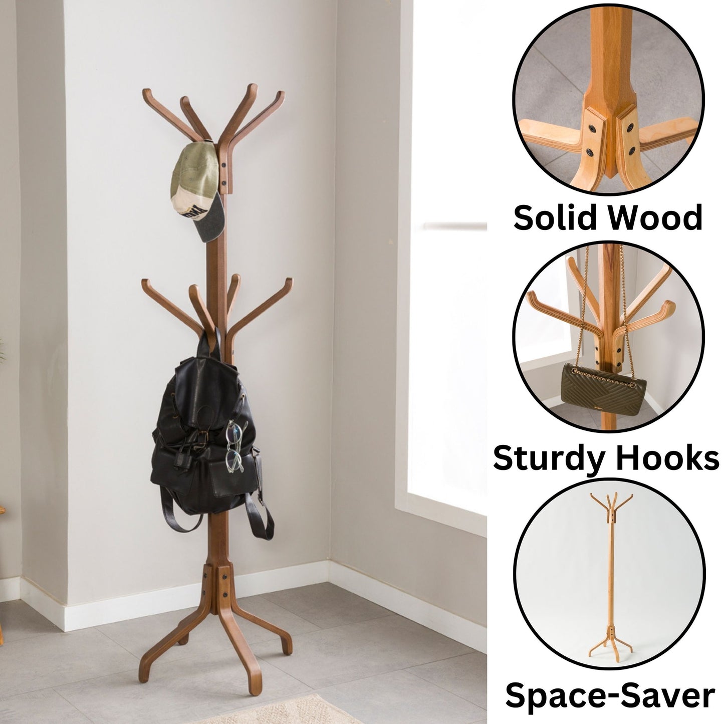Solid Wood Freestanding Coat Rack